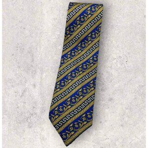GIANNI VERSACE Silk Tie ITALY Gold Blue Striped Baroque Monogram Logo W:3.7" EUC